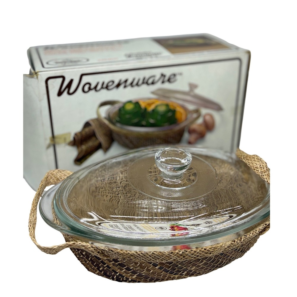 VTG Glasbake Wovenware Casserole Dish Clear Glass Woven Basket 1 Qt 32 Oz 225WW
